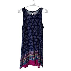 No Boundaries Navy Medallion Border Print Sleeveless Shift Dress Large 11-13